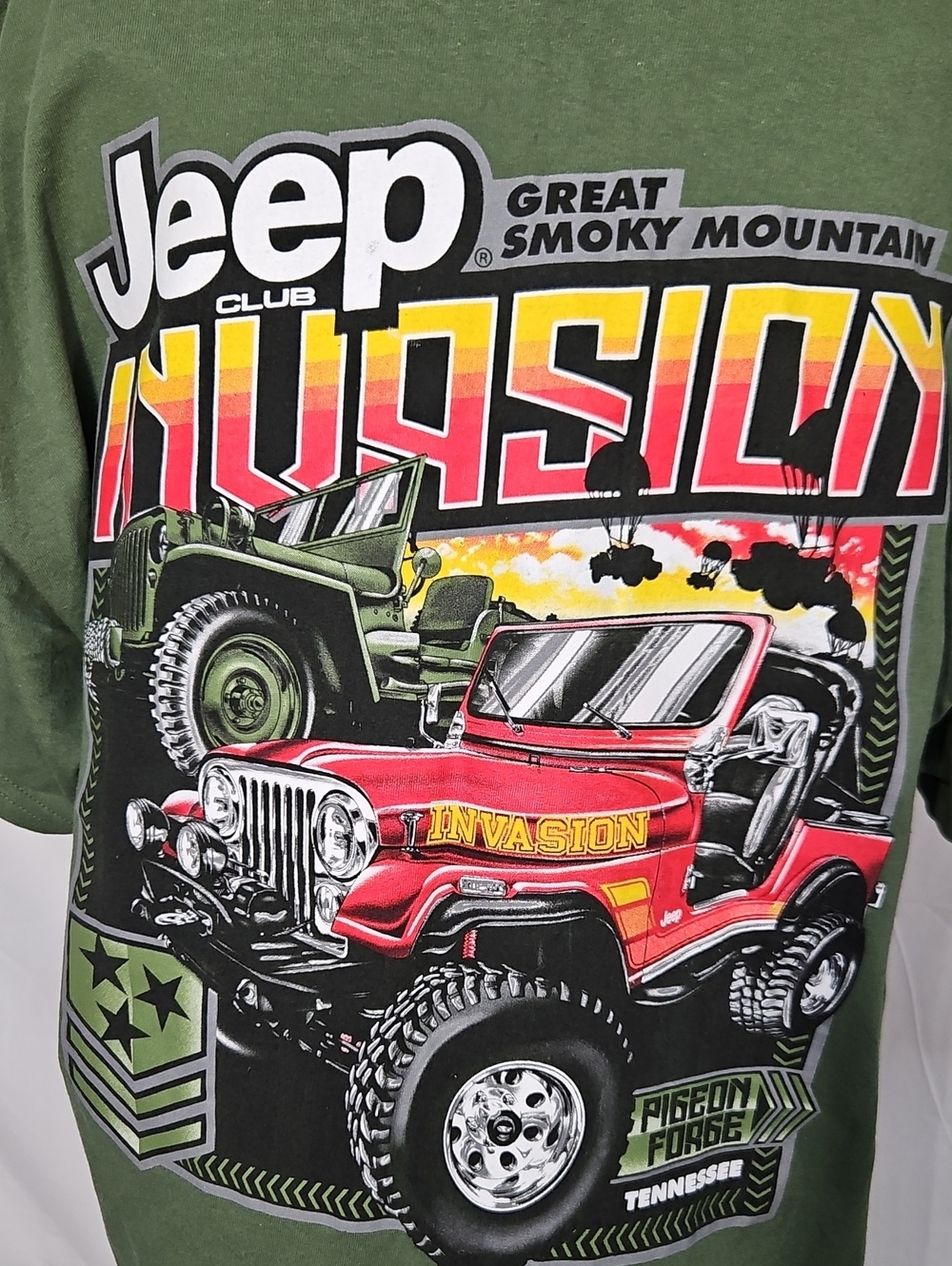 Olive Green Jeep Invasion Graphic Tee with Red & Yellow Accents